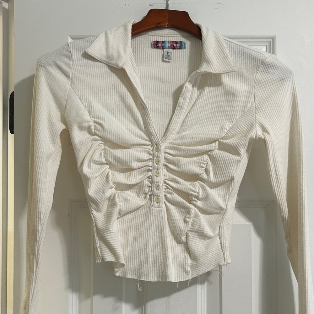 Urban Outfitters White Ruched Button-Down Shirt